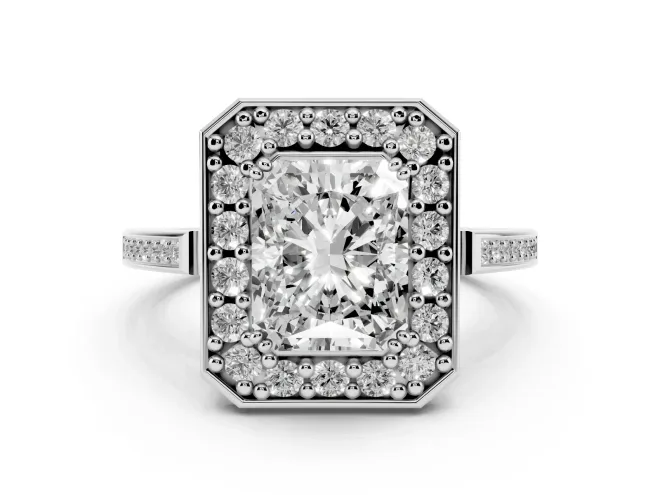 Radiant Cut Diamond Halo Ring Set in Platinum with Accent-Lined Split Shank and Prong Setting