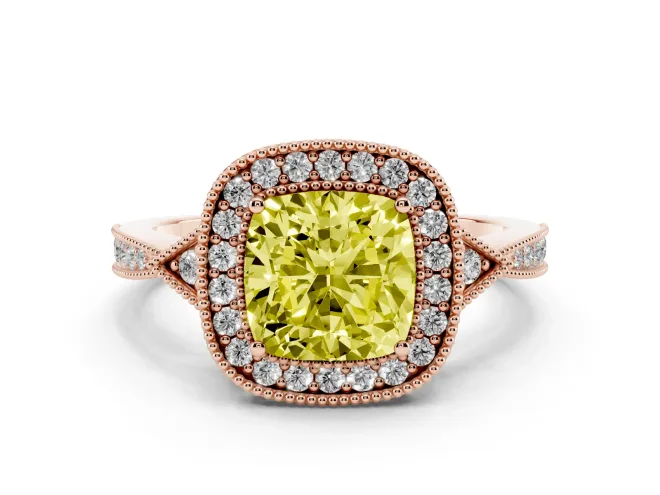 Cushion Cut Milgrain Halo Engagement Ring Setting for a Fancy Yellow Lab-Grown Diamond | Graduated Pavé | Rose Gold