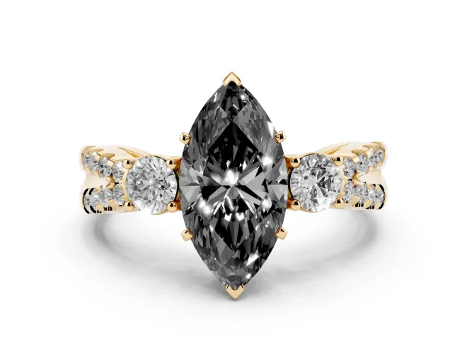Marquise Three Stone Engagement Ring Setting for a Black Center | Pavé Split Shank | Yellow Gold