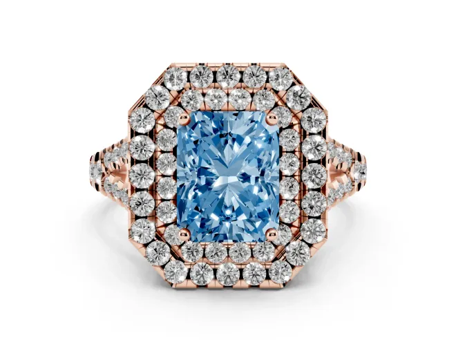 Fancy Blue Radiant Cut Diamond Double Halo Ring Set in Rose gold with Pavé Split Shank and Prong Setting