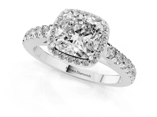 Cushion Cut Diamond Halo Engagement Ring Set in White gold with Pavé Band and Prong Setting – second view