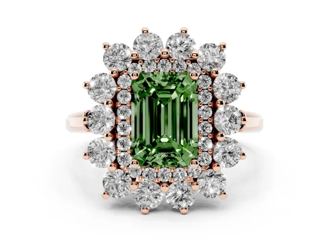 Emerald Cut Floral Double Halo Engagement Ring Setting for a Fancy Green Lab-Grown Diamond | Plain Band | Rose Gold