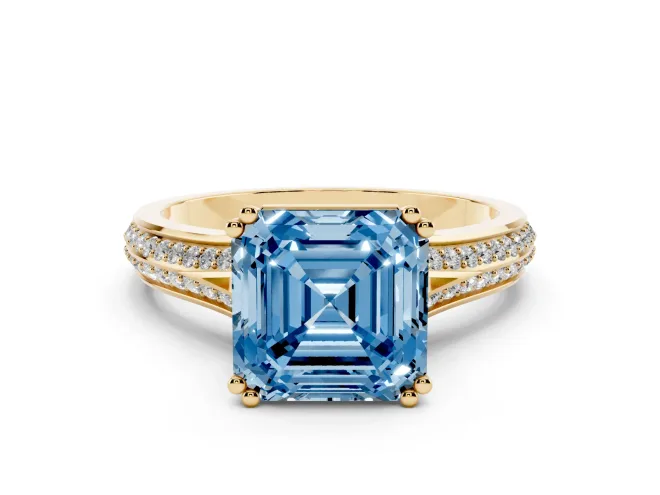 Asscher Cut Split Shank Engagement Ring Setting for a Fancy Blue Lab-Grown Diamond | Pavé Band | Yellow Gold