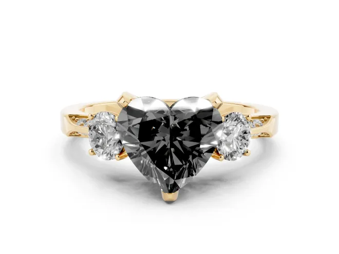 Fancy Black Heart Cut Diamond Three-Stone Ring Set in Yellow gold with Pavé Band and Smaller Side Stones