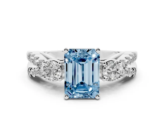 Emerald Cut Three Stone Engagement Ring Setting for a Fancy Blue Lab-Grown Diamond | Platinum