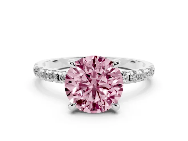 Round Petite Pavé Solitaire Engagement Ring Setting for a Fancy Pink Lab-Grown Diamond | Slim Band | White Gold