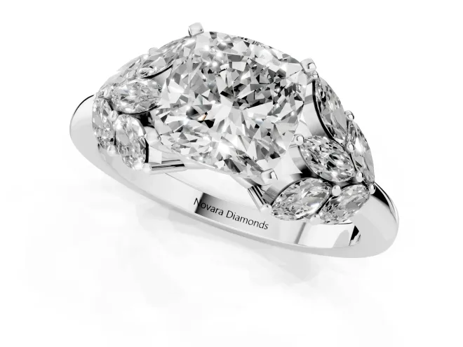 Cushion Cut Diamond Cluster Leaf Design Ring Set in White gold with Prong Setting – second view