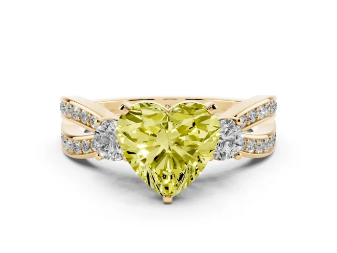 Heart-Shaped Three-Stone Twist Engagement Ring Setting for a Fancy Yellow Lab-Grown Diamond | Yellow Gold