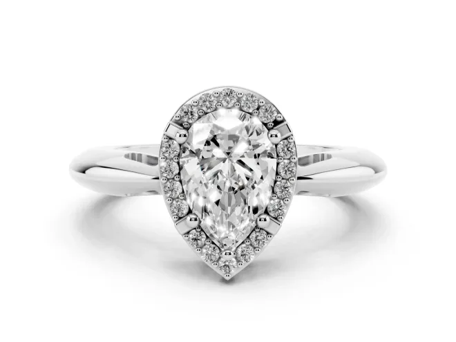 Pear Cut Diamond Halo Engagement Ring Set in White gold with Plain Split Shank and Prong Setting
