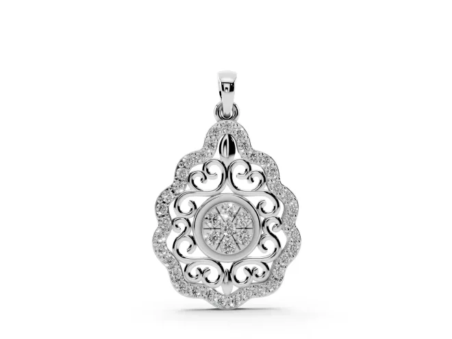 Round Lab-Grown Diamond Vintage Filigree Cluster Pendant Necklace | Pavé Teardrop Frame | White Gold