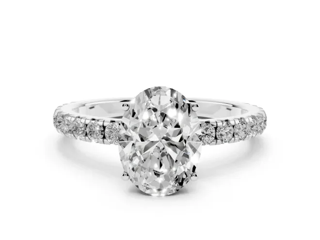 Oval Cut Diamond Pavé Solitaire Engagement Ring Set in Platinum with Prong Setting