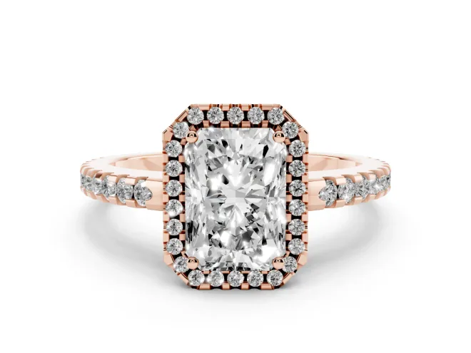 Radiant Cut Diamond Halo Ring Set in Rose gold with Pavé Shoulders and Halo-Framed Center