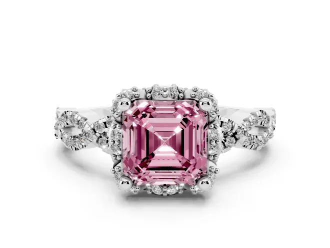 Asscher Cut Milgrain Halo Engagement Ring Setting for a Fancy Pink Lab-Grown Diamond | Graduated Shoulders | White Gold