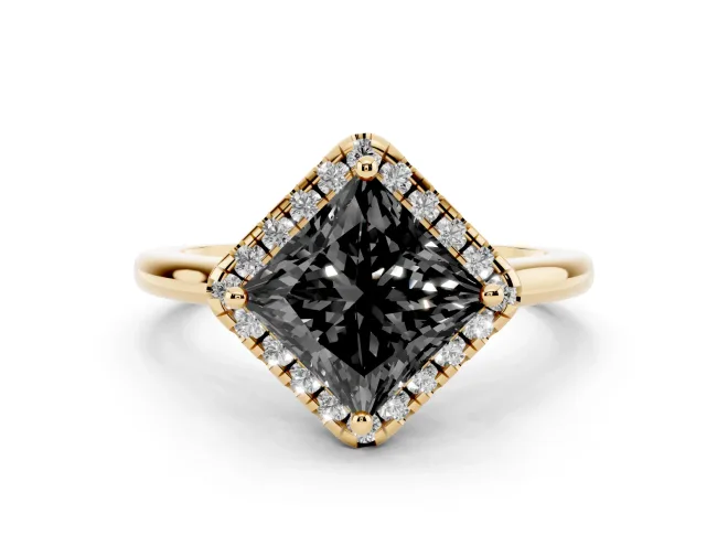 Fancy Black Princess Cut Diamond Halo Engagement Ring Set in Yellow gold with Pavé Band and Rising Shoulders