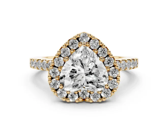 Heart Cut Diamond Halo Pavé Solitaire Ring Set in Yellow gold with Prong-Set Center Stone