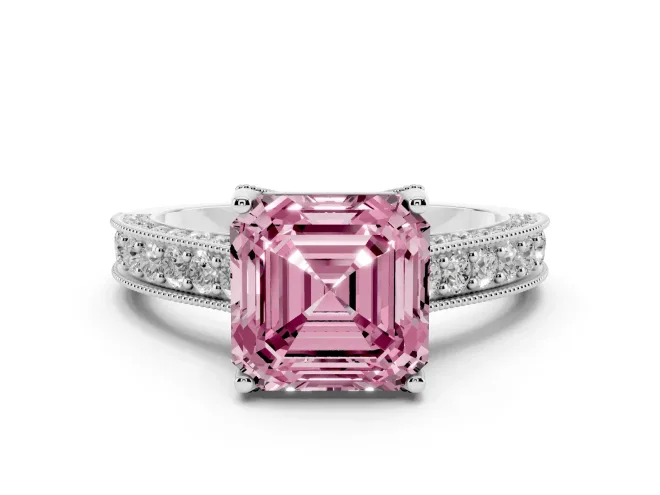 Asscher Cut Hidden Halo Engagement Ring Setting for a Fancy Pink Lab-Grown Diamond | Milgrain Pavé | Platinum