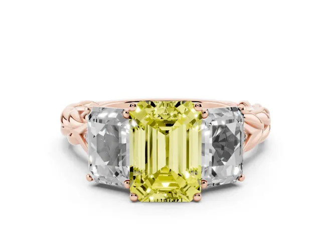 Emerald Cut Three Stone Engagement Ring Setting for a Fancy Yellow Lab-Grown Diamond | Braided Band | Rose Gold