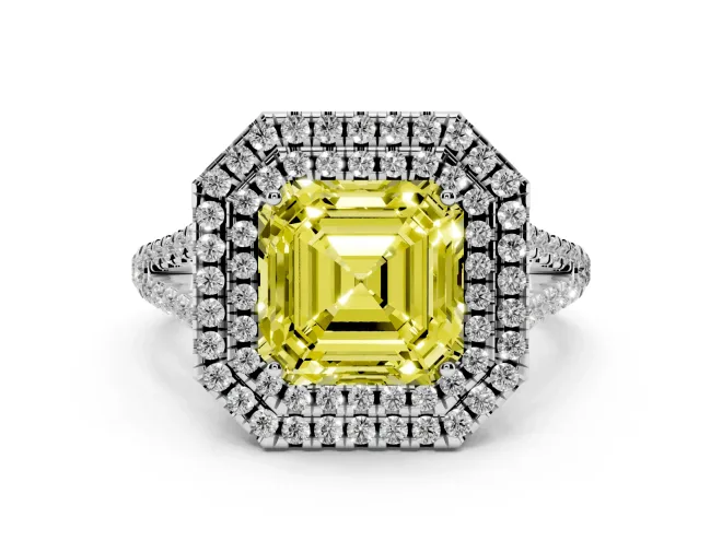 Fancy Yellow Asscher Cut Diamond Double Halo Ring Set in Silver with Pavé Band