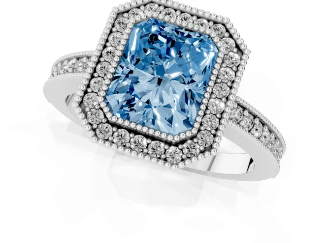 Fancy Blue Radiant Cut Diamond Halo Engagement Ring Set in White gold with Pavé Band and Round Halo Stones – second view