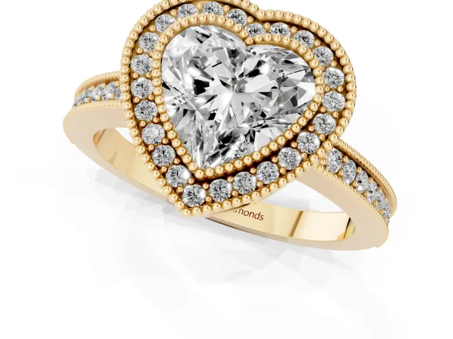 Heart Cut Diamond Round Halo Ring Set in Yellow gold with Pavé Band – second view