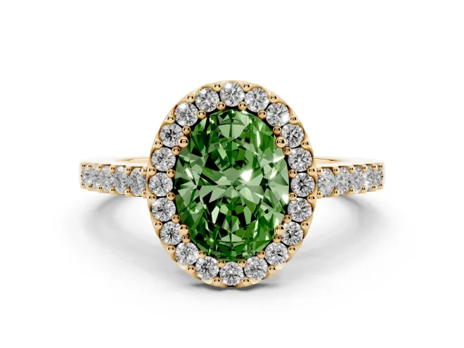 Oval Halo Engagement Ring Setting for a Fancy Green Lab-Grown Diamond | Single Row Pavé Band | Yellow Gold