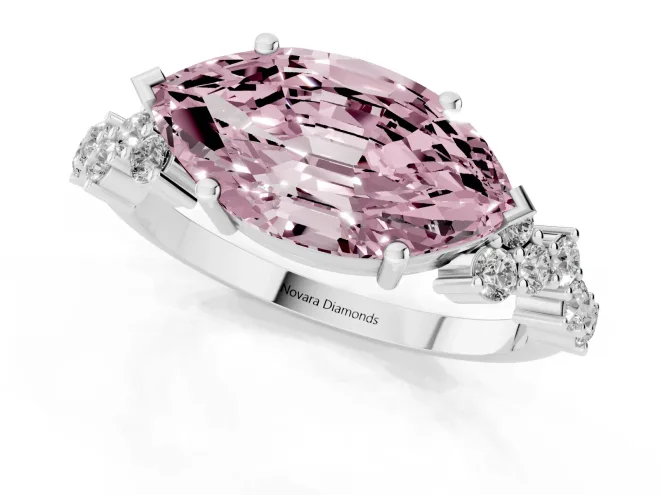 Fancy Pink Marquise Cut Diamond Ring Set in Platinum with Scattered Round Accents – second view
