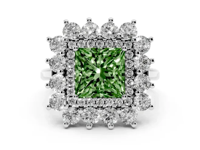 Fancy Green Princess Cut Diamond Floral Double Halo Ring Set in White gold with Round Petals