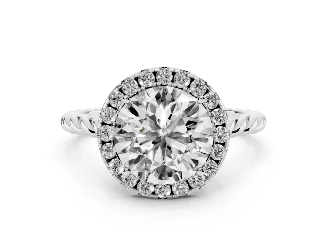 Round Cut Diamond Halo Ring Set in White gold with Plain Twisted Band