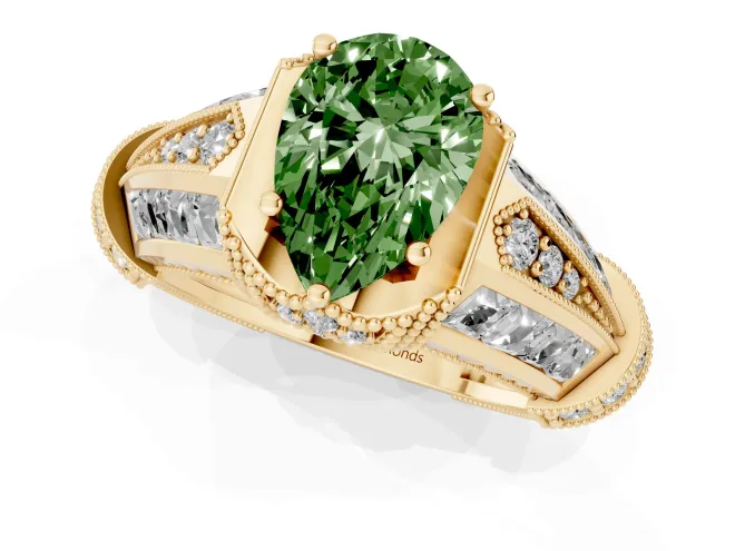 Fancy Green Pear Cut Diamond Vintage-Inspired Milgrain Ring Set in Yellow gold with Accent Split Shank – second view