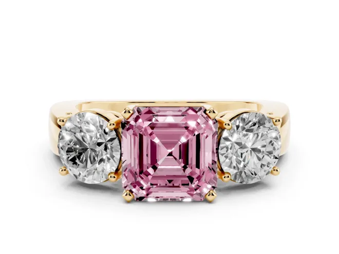 Asscher Cut Three Stone Engagement Ring Setting for a Fancy Pink Lab-Grown Diamond | Wide Plain Band | Yellow Gold