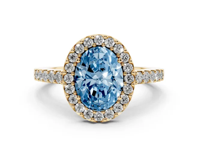 Oval Halo Engagement Ring Setting for a Fancy Blue Lab-Grown Diamond | Single Row Pavé Band | Yellow Gold