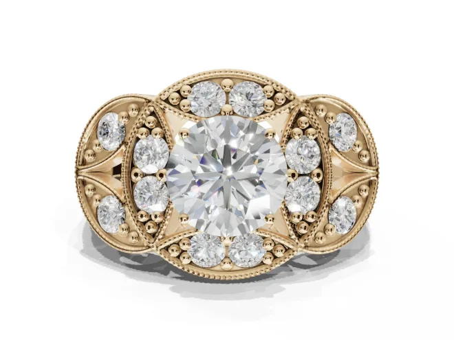 Round Vintage Floral Halo Engagement Ring Setting | Engraved Milgrain Band | Yellow Gold