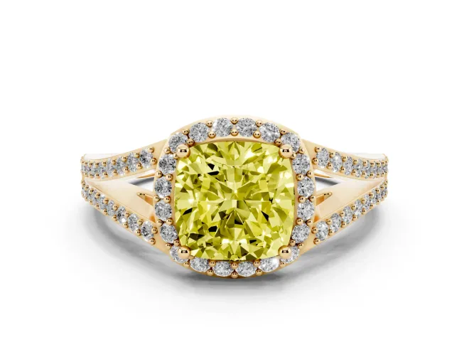 Cushion Cut Halo Engagement Ring Setting for a Fancy Yellow Lab-Grown Diamond | V-Split Pavé Band | Yellow Gold