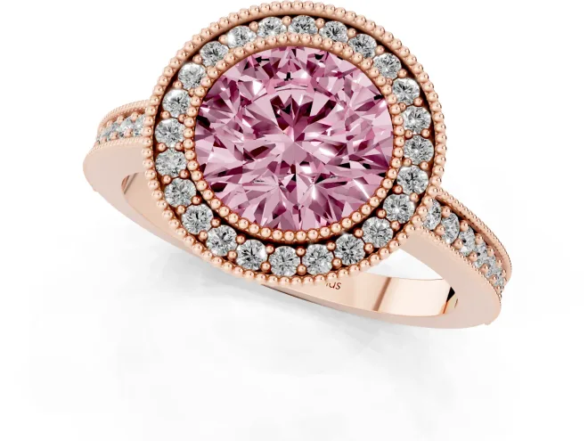 Fancy Pink Round Cut Diamond Halo Engagement Ring Set in Rose gold with Pavé Band and Round Halo Stones – second view