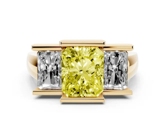Fancy Yellow Radiant Cut Diamond Three-Stone Channel Set Ring Set in Yellow gold with Smooth Polished Band