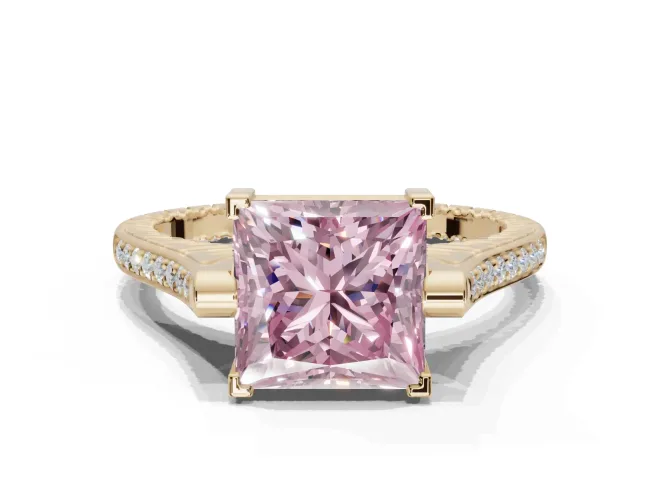 Princess Cut Vintage Cathedral Engagement Ring Setting for a Fancy Pink Lab-Grown Diamond | Carved Band | Yellow Gold