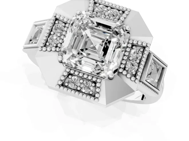 Asscher Cut Diamond Milgrain Halo Ring Set in Silver with Split Shank – second view