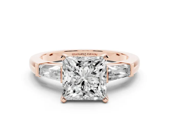 Princess Cut Three Stone Engagement Ring Setting | Tapered Baguettes | Rose Gold