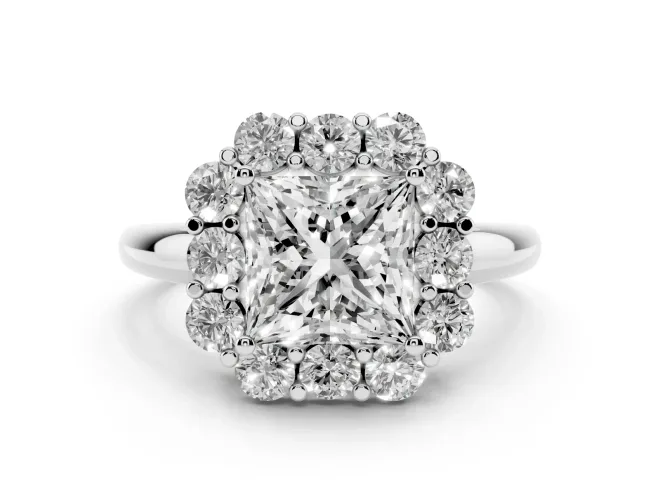 Princess Cut Diamond Milgrain Halo Solitaire Ring Set in White gold with Bezel Set Side Stones and Pavé Band