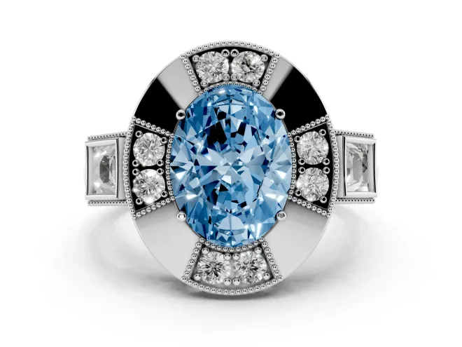 Fancy Blue Oval Cut Diamond Milgrain Halo Ring Set in Silver with Split Shank