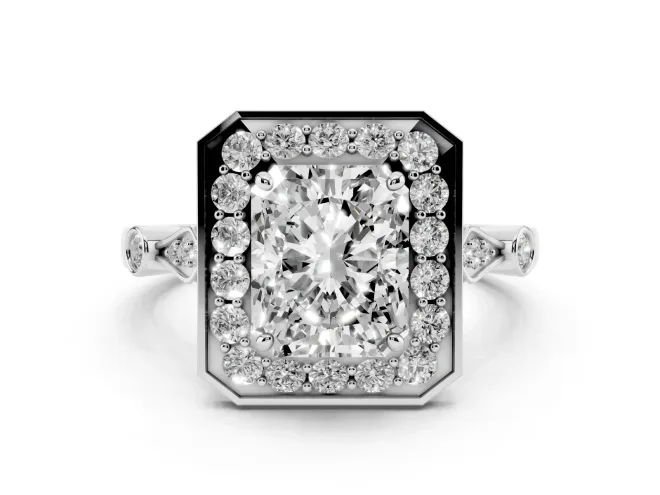 Radiant Cut Diamond Halo Engagement Ring Set in Platinum with Twisted Band and Prong Setting
