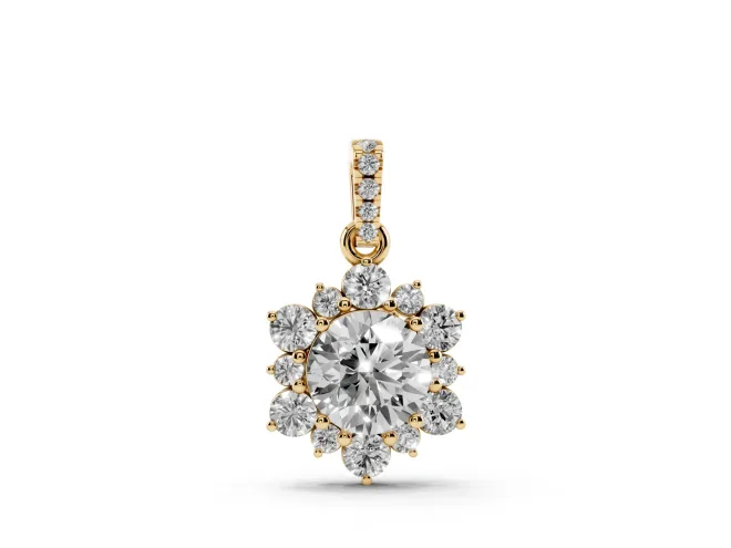 Round Lab-Grown Diamond Floral Cluster Pendant Necklace | Pavé Bail | Yellow Gold