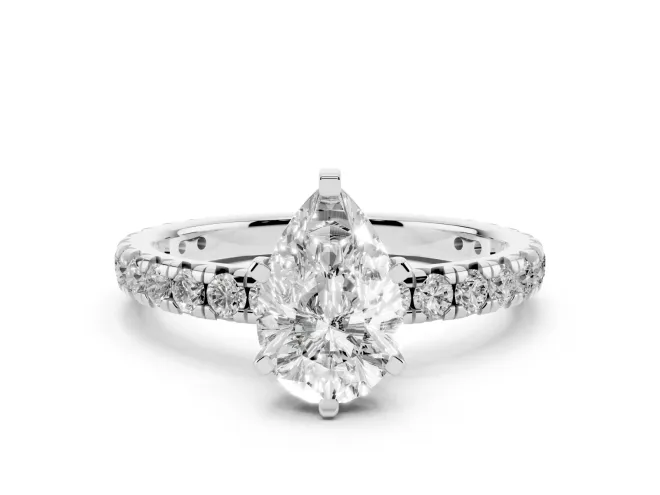 Pear Cut Diamond Pavé Solitaire Ring Set in White gold with Round Band and Prong Setting
