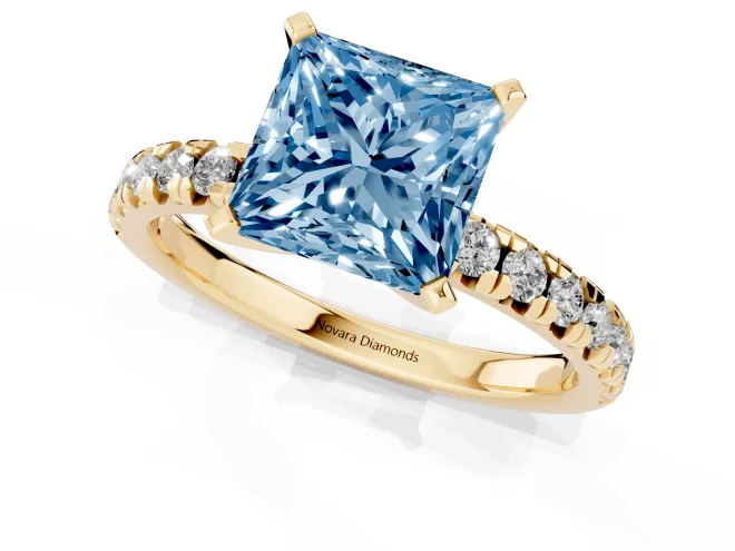Fancy Blue Princess Cut Diamond Solitaire Pavé Engagement Ring Set in Yellow gold with Round Band and Prong Setting – second view