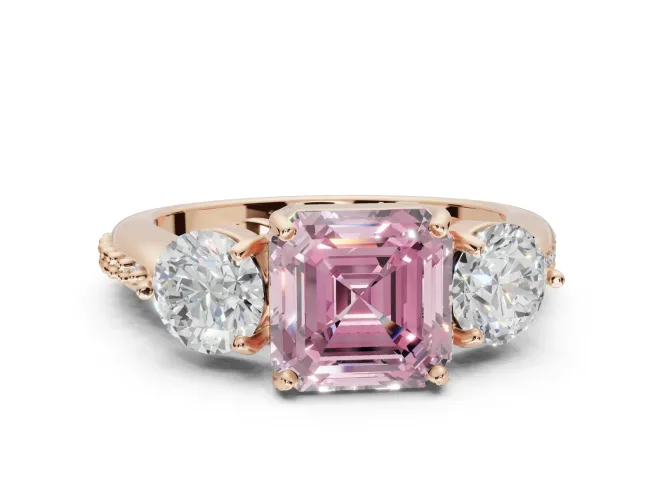 Asscher Cut Three Stone Engagement Ring Setting for a Fancy Pink Lab-Grown Diamond | Tapered Pavé Band | Rose Gold