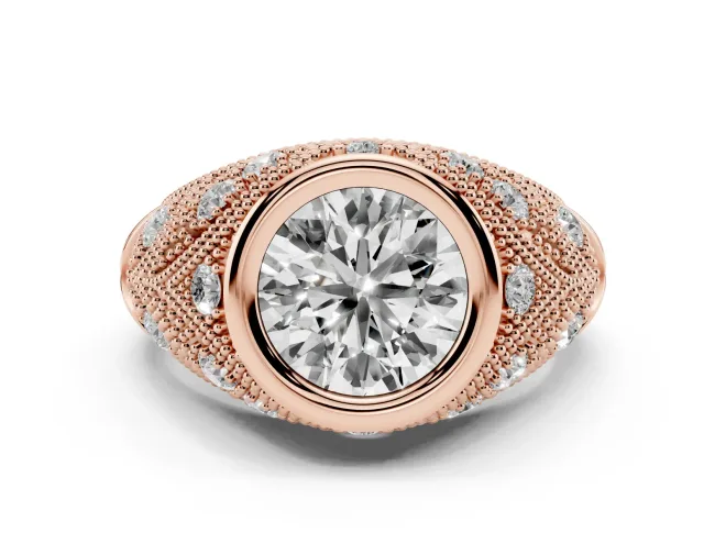 Round Vintage Bezel Engagement Ring Setting | Beaded Paisley Shoulders | Rose Gold