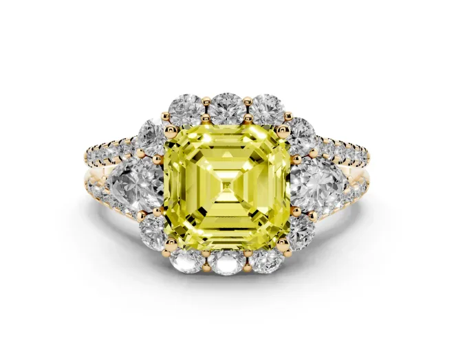 Asscher Cut Scalloped Halo Engagement Ring Setting for a Fancy Yellow Lab-Grown Diamond | Pear Side Stones | Yellow Gold