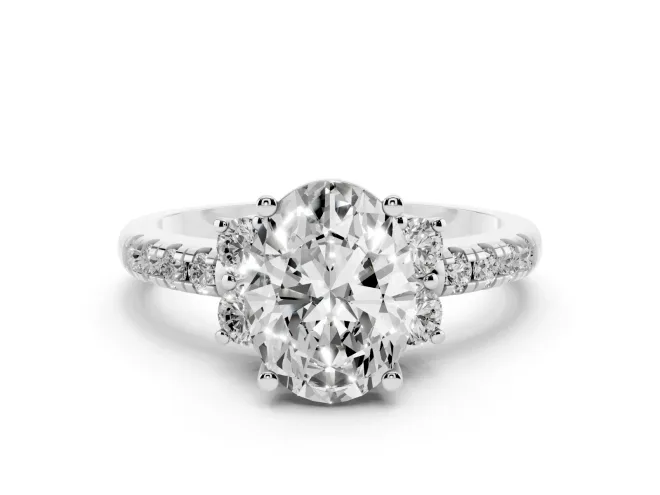 Oval Cut Diamond Three-Stone Pavé Ring Set in Silver with Prong Setting