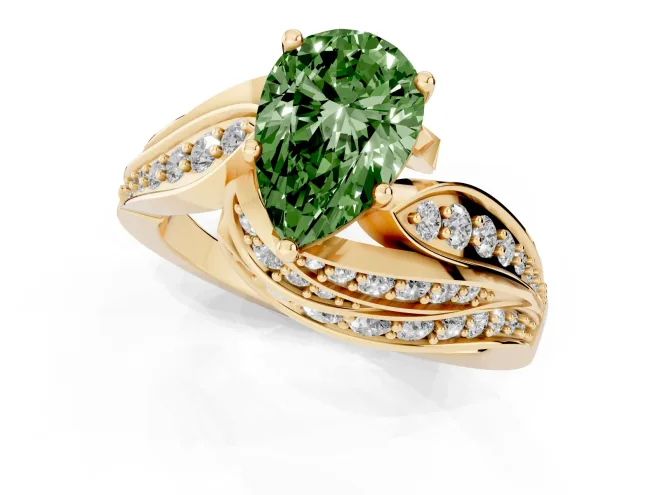 Fancy Green Pear Cut Diamond Solitaire Ring Set in Yellow gold with Layered Twist Pavé Band – second view