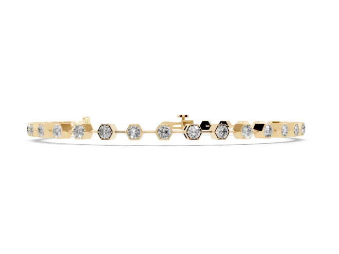 Round Lab-Grown Diamond Hexagon Frame Station Bracelet | Bar Links | Yellow Gold